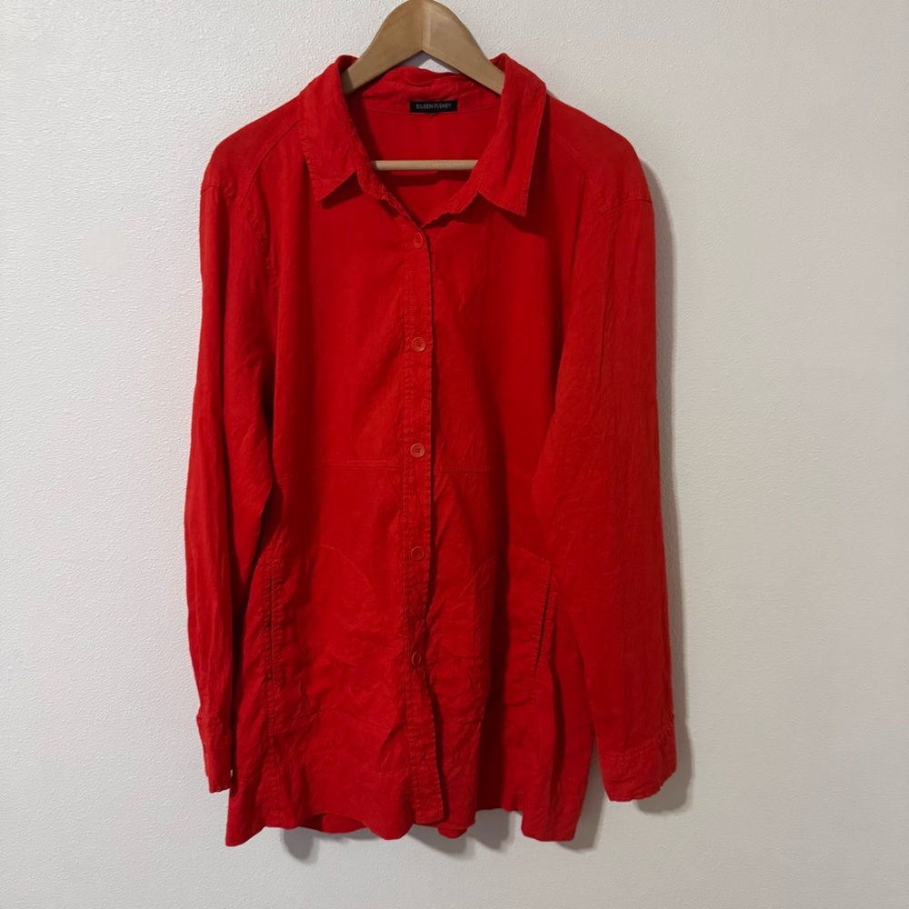 Eileen Fisher Linen Viscose Stretch Longline Shirt Jacket Shacket Lava Red-Large
